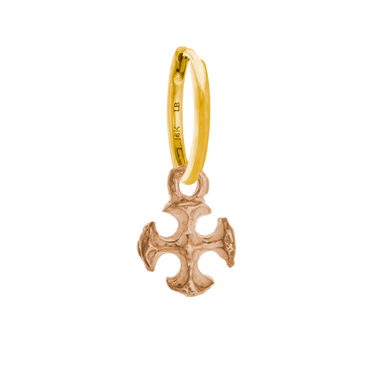 18k Rose Gold Tiny Textured Lotus Cross Charm Earring with Yellow Gold Huggie Hoop
