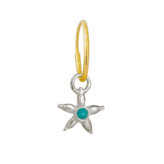 Sleeping Beauty Turquoise Sterling Silver Stella starfish Charm Earring that floats on a delicate Yellow Gold Endless Hoop