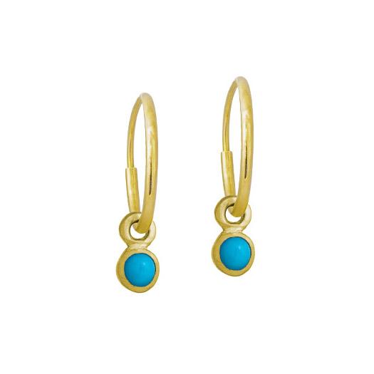 Gold 3 MM Turquoise Round Bezel Drop • Endless Hoop Charm Earring-Brevard