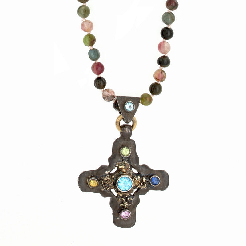 Oxidized Signature Cross Multi Tourmaline Long Necklace-Brevard