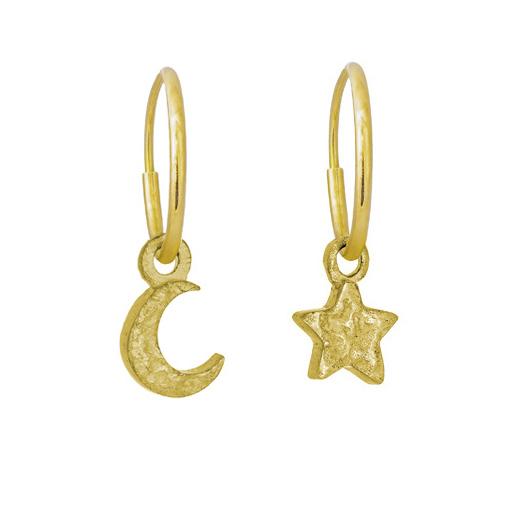 Gold Tiny Center Star + Moon • MISMATCH ENDLESS HOOP CHARM EARRING PAIR-Brevard