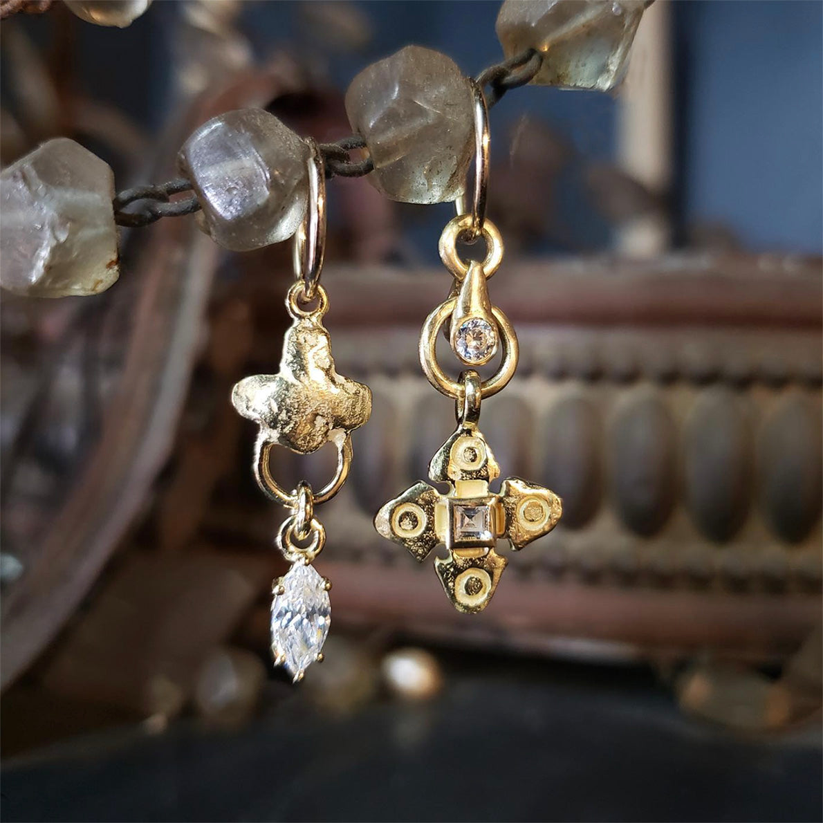 18k Gold venice Marquis & Justine Cross Drop Endless Hoop Lee Brevard Mismatch Charm Earring Pair