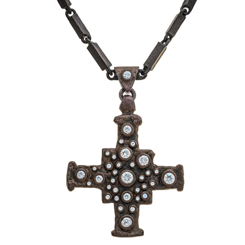 Oxidized E.T. Cross Pendant Necklace with Stones
