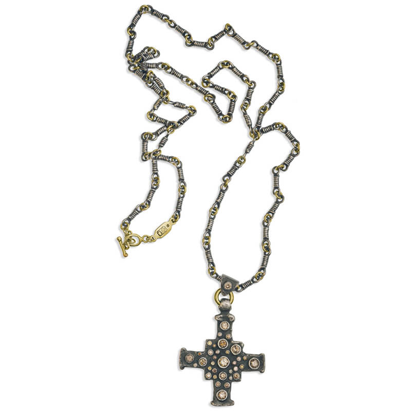 Antiqued Mixed Metals E.T. Cross Pendant with Fancy Diamonds + Signature Chain