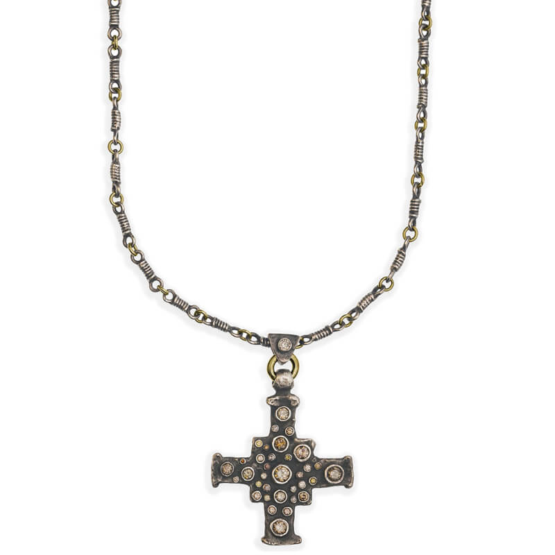 Antiqued Mixed Metals E.T. Cross Pendant with Fancy Diamonds + Signature Chain
