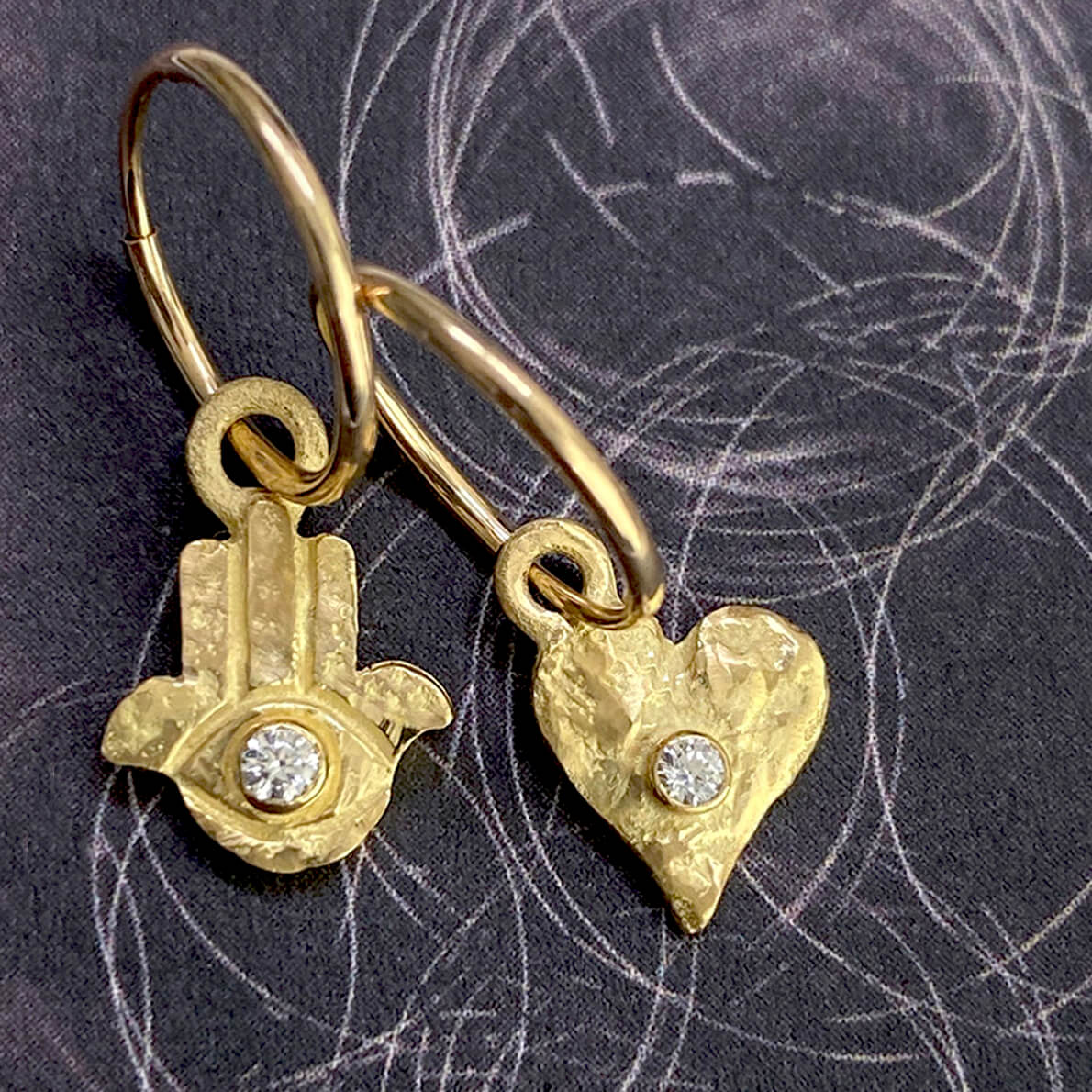 Gold Tiny Hamsa with Stone + Tiny Apollo Heart with Stone • Mismatch Endless Hoop Charm Earrings