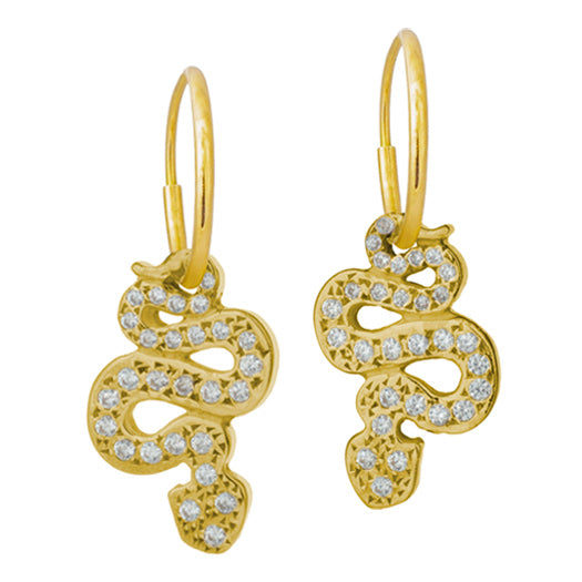 Matching Pair of 18k Yellow Gold Small Pavé Coiled Serpent Endless Hoop Charm Earrings