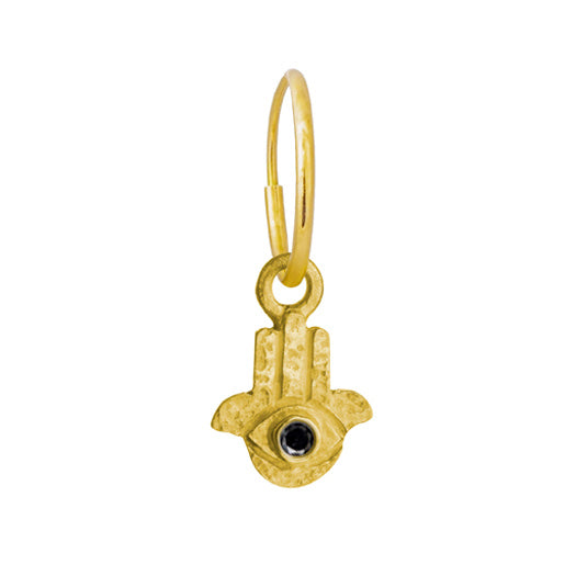 Black Diamond 18k Yellow Gold Tiny Hamsa Charm Earring with delicate Endless Hoop