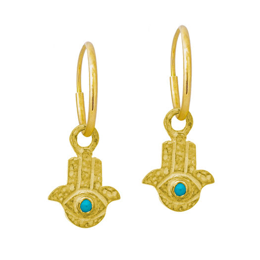 Matching Pair of Sleeping Beauty Turquoise 18k Yellow Gold Tiny Hamsa Charm Earrings with delicate Endless Hoops