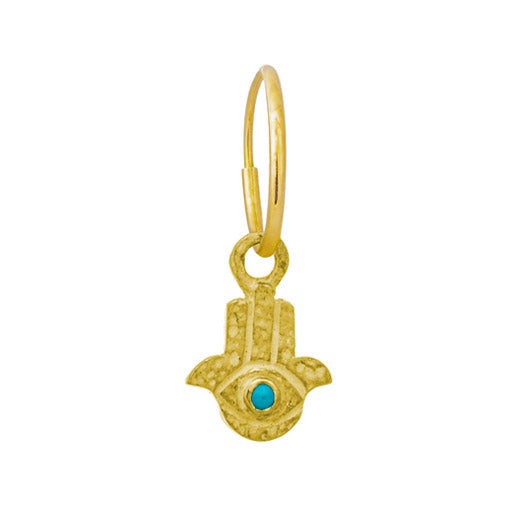 Turquoise 18k Yellow Gold Tiny Hamsa Charm Earring with delicate Endless Hoop