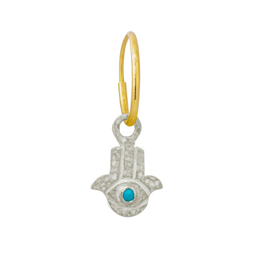 Sterling Silver Tiny Hamsa Charm Earring with Turquoise floats from a delicate Yellow Gold Endless Hoop