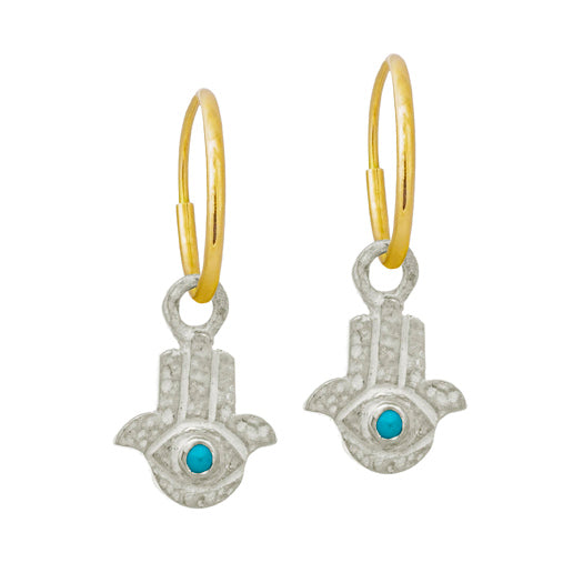 Matching Pair of Sterling Silver Tiny Hamsa Charm Earrings with Turquoise floats from a delicate Yellow Gold Endless Hoops