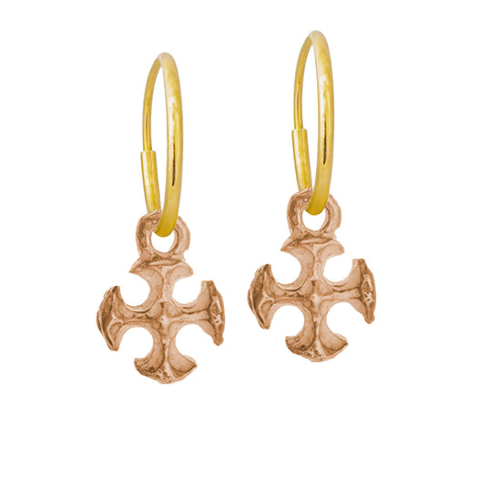 Matching Pair of 18k rose gold small textured lotus cross charm floats on a delicate Yellow Gold Endless Hoop Earrings 