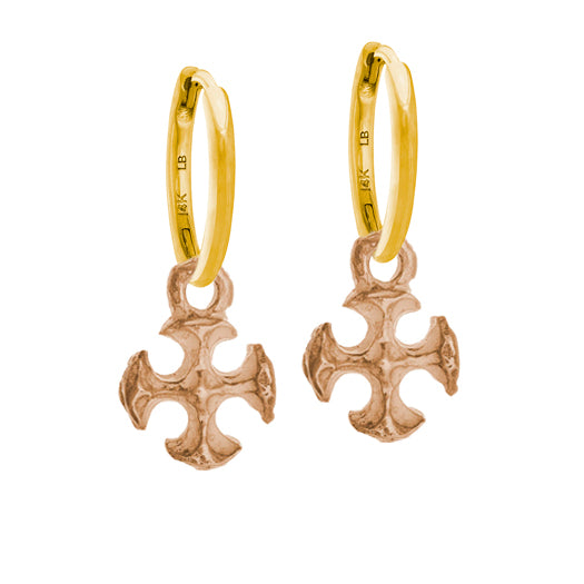 Matching Pair of 18k Rose Gold Tiny Textured Lotus Cross Charm Earrings with Yellow Gold Huggie Hoops