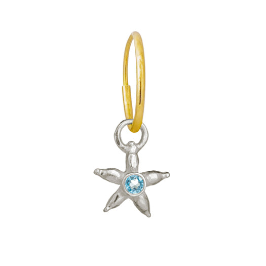 Blue Topaz Sterling Silver Stella starfish Charm Earring that floats on a delicate Yellow Gold Endless Hoop