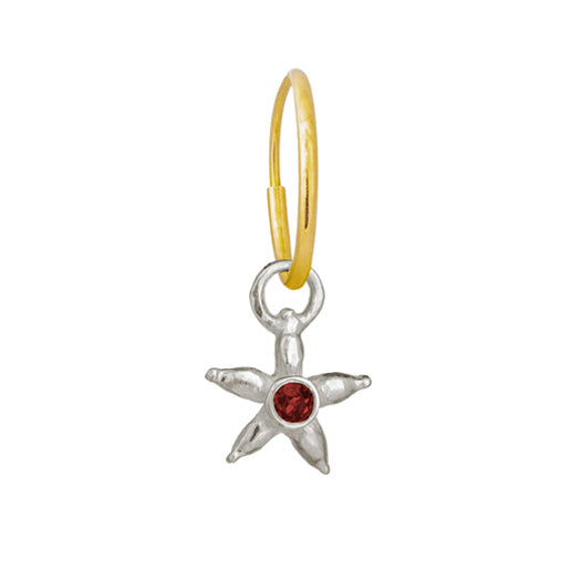 Red Garnet Sterling Silver Stella starfish Charm Earring that floats on a delicate Yellow Gold Endless Hoop
