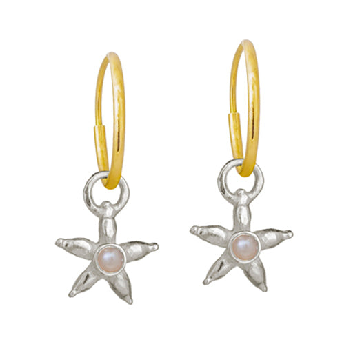 Matching Pair of White Pearl Sterling Silver Stella starfish Charm Earrings that floats on a delicate Yellow Gold Endless Hoops