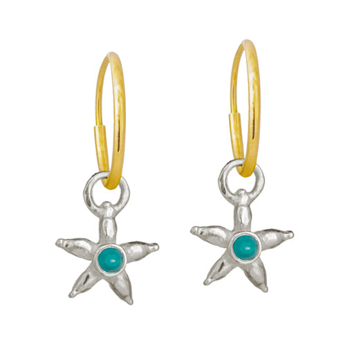 Matching Pair of Sleeping Beauty Turquoise Sterling Silver Stella starfish Charm Earrings that floats on a delicate Yellow Gold Endless Hoops