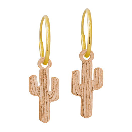 18k rose gold saguaro cactus charm earrings matching pair with delicate yellow gold endless hoops