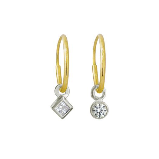 Tiny Diamond Bezel + Tiny Round Bezel Drop Mismatch Earrings