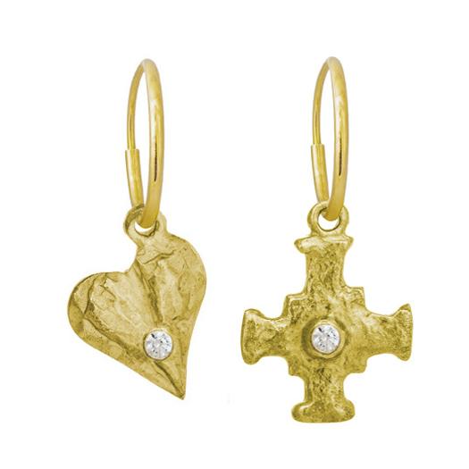 Gold E.T. Cross & Apollo Heart with Stones • Mismatch Endless Hoop Charm Earrings-Brevard