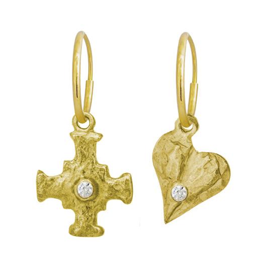 Gold E.T. Cross & Apollo Heart with Stones • Mismatch Endless Hoop Charm Earrings-Brevard