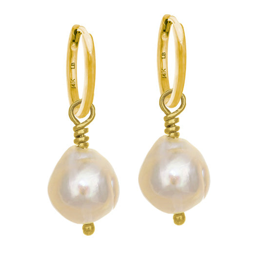 White Baroque Pearl Drop • Huggie Hoop Charm Earring-Brevard