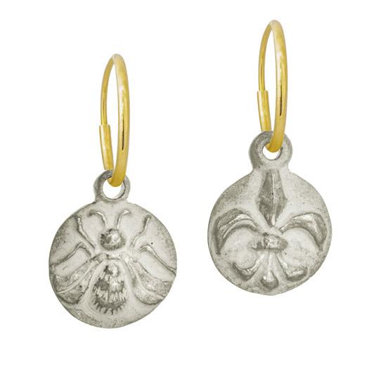 Bee with Fleur de Lis Coin • Mismatch Endless Hoop Charm Earring Pair-Brevard