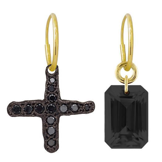 Black Diamond Pavé Jachin Cross + Jumbo Drilled Black Stone Mismatch Earring Pair-Brevard