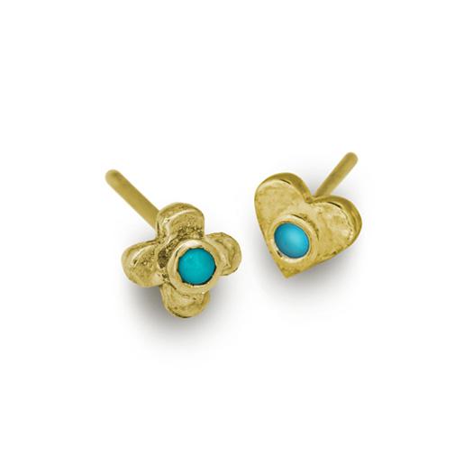 Gold Turquoise Tiny Center Cross + Heart • Mismatch Stud Earring Pair-Brevard