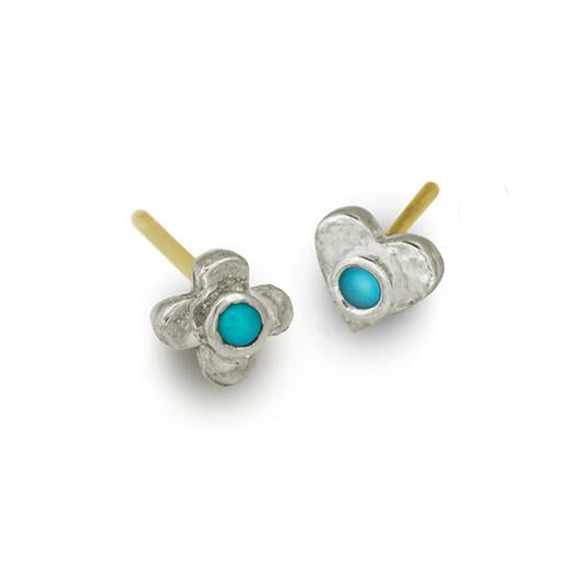 Turquoise Tiny Center Cross + Heart • Mismatch Stud Earring Pair-Brevard