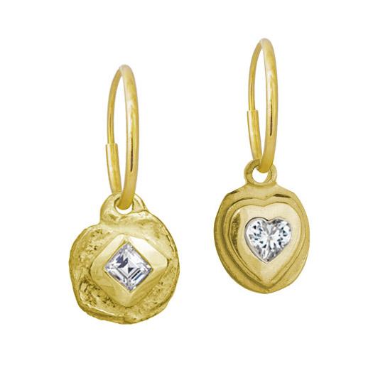 Gold Diamond Dot & Orchid Heart • Mismatch Endless Hoop Charm Earrings-Brevard