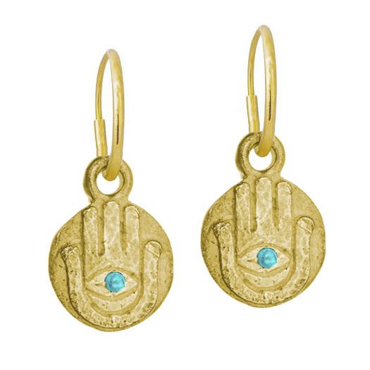 Gold Hamsa Coin with Turquoise • Endless Hoop Charm Earring-Brevard