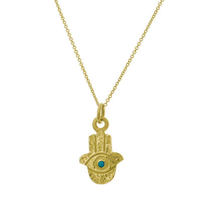 Gold Hamsa Charm Necklace with Turquoise-Brevard