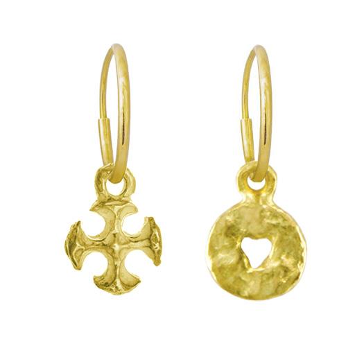 Gold Mini Money + Tiny Lotus Cross • MISMATCH ENDLESS HOOP CHARM EARRING PAIR-Brevard