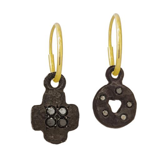 Oxidized Black Diamond Mini Money + Tiny Cruz • MISMATCH ENDLESS HOOP CHARM EARRING PAIR-Brevard