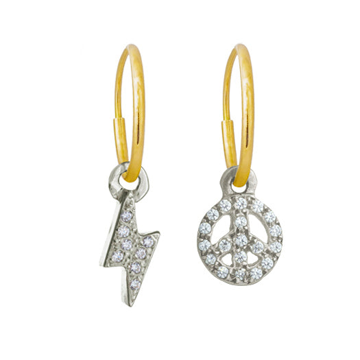 Pavé Tiny Center Lightning Bolt + Tiny Peace • MISMATCH EARRING PAIR-Brevard