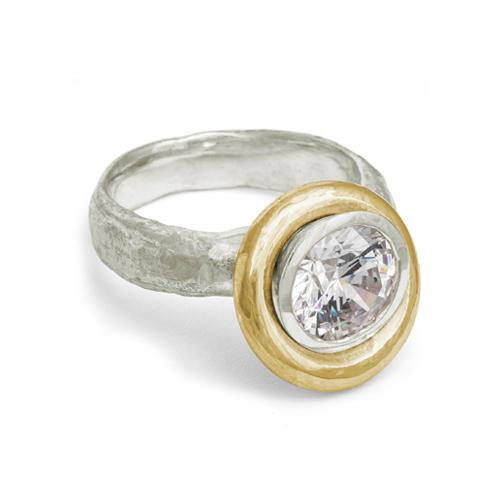 Two-Tone Saturn Solitaire Ring composed of Sterling Silver & 18K Gold ...