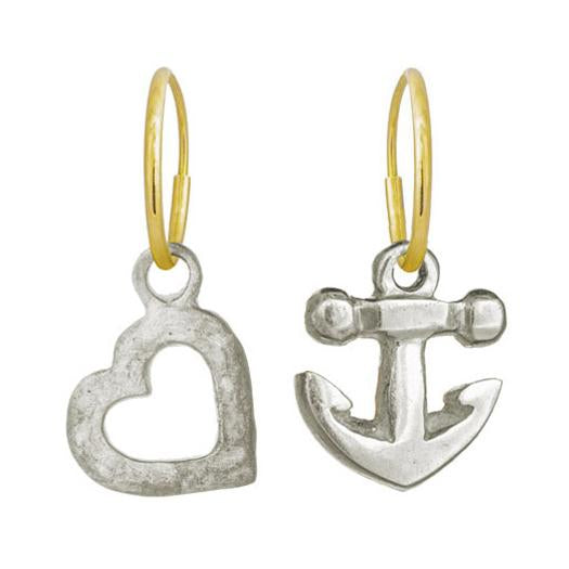 Anchor with Small Compass Heart • Mismatch Endless Hoop Charm Earring Pair-Brevard