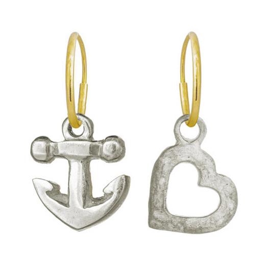 Anchor with Small Compass Heart • Mismatch Endless Hoop Charm Earring Pair-Brevard
