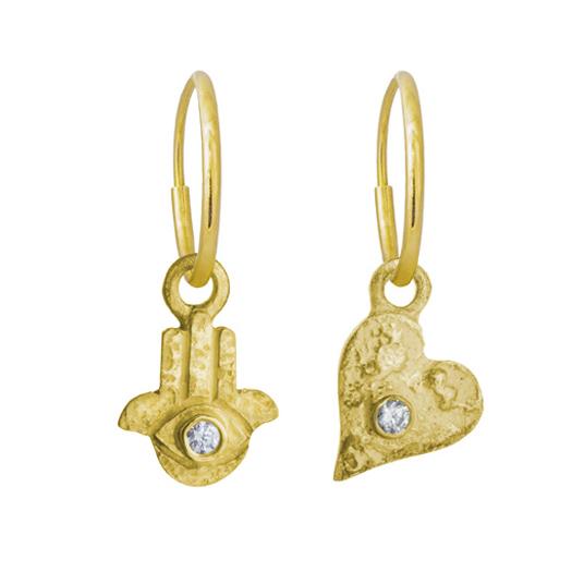 Gold Tiny Hamsa with Stone + Tiny Apollo Heart with Stone • Mismatch Endless Hoop Charm Earrings-Brevard