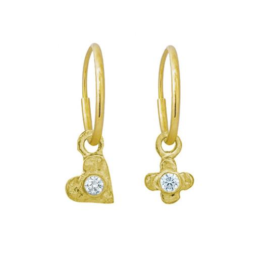 Gold Tiny Center Heart + Cross with Stone • MISMATCH ENDLESS HOOP CHARM EARRING PAIR-Brevard