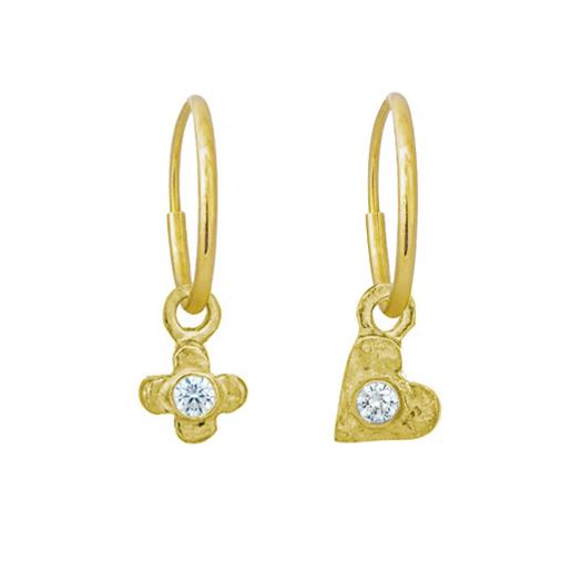 Gold Tiny Center Heart + Cross with Stone • MISMATCH ENDLESS HOOP CHARM EARRING PAIR-Brevard