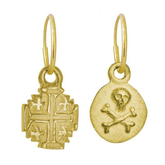 Gold Tiny Cinq Cross + Pirate Coin • MISMATCH ENDLESS HOOP CHARM EARRING PAIR-Brevard