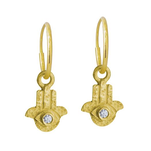 Matching Pair of Diamond 18k Yellow Gold Tiny Hamsa Charm Earrings with delicate Endless Hoops