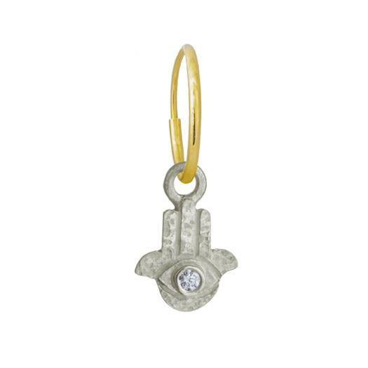 Sterling Silver Tiny Hamsa Charm Earring with Cubic Zirconia floats from a delicate Yellow Gold Endless Hoop