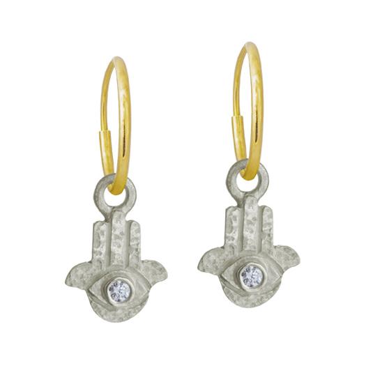 Matching Pair of Sterling Silver Tiny Hamsa Charm Earrings with Cubic Zirconia floats from a delicate Yellow Gold Endless Hoops
