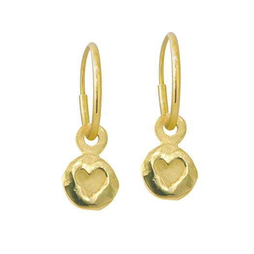 Matching Pair of 18k Yellow Gold Tiny Heart Coin Endless Hoop Charm Earrings