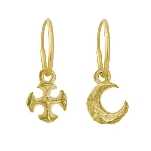 Gold Tiny Lotus Moon + Tiny Lotus Cross • MISMATCH ENDLESS HOOP CHARM EARRING PAIR-Brevard