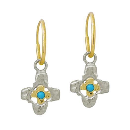 Turquoise Two-Tone Tiny Signature Cross • Endless Hoop Charm Earring-Brevard